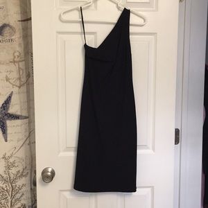 Little black dress!  Knee length. One shoulder